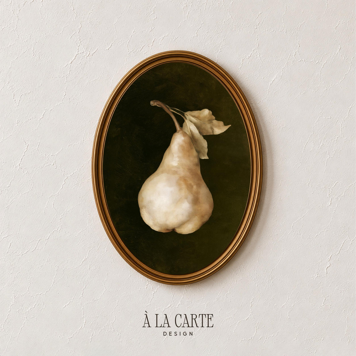 Minimalist pear art print for rustic kitchens — sophisticated dark background with muted color palette
