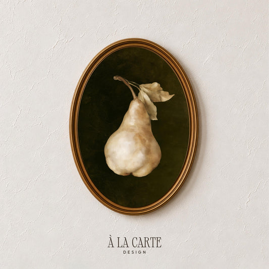 Minimalist pear art print for rustic kitchens — sophisticated dark background with muted color palette