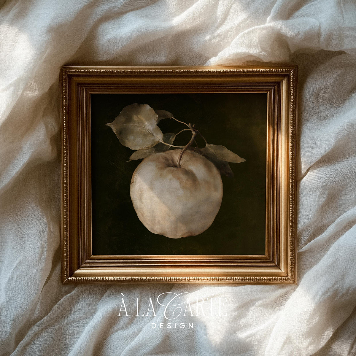 Apple study wall print for library — somber still life painting with aged color palette