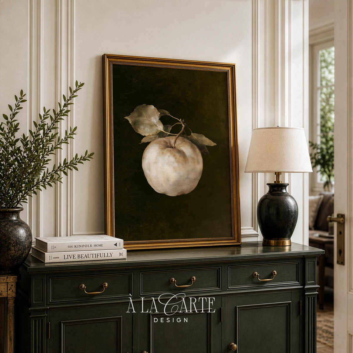 Dark, vintage apple poster printable for cottage décor — rustic still life with muted earth palette