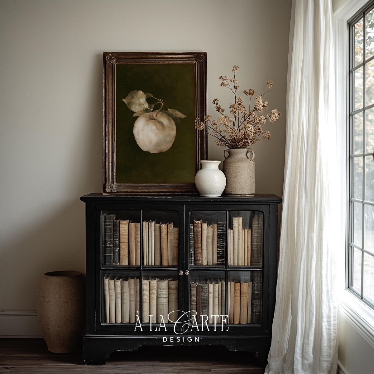 Heirloom apple poster for study nook — moody rustic artwork with textured brushwork and aged finish