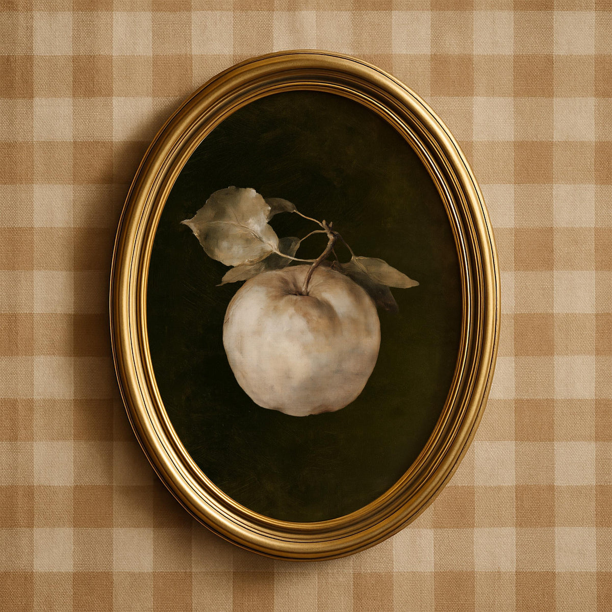 Classic still life picture printable for home office — dark academia mood with shadowy olive tones