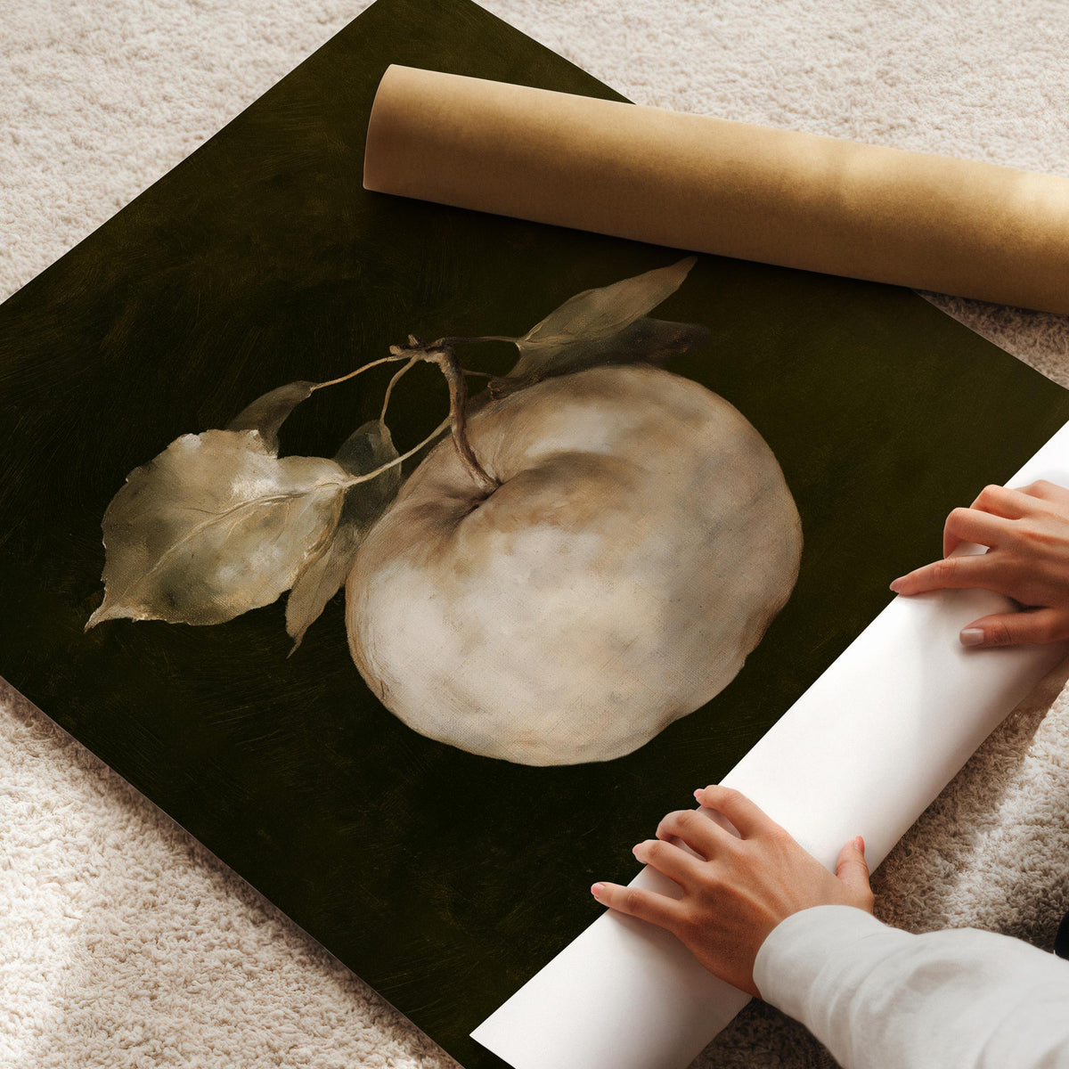 Pale fruit painting poster for entryway — dark, somber mood with traditional old-world artistry