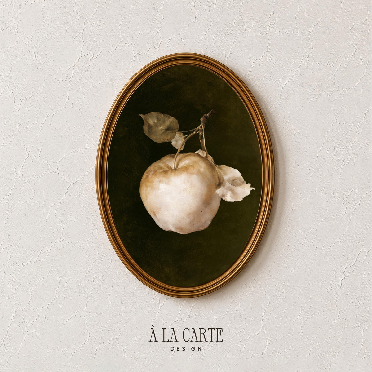 Muted fruit wall art instant download — pale apple with delicate stem against near-black background