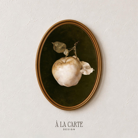 Muted fruit wall art instant download — pale apple with delicate stem against near-black background