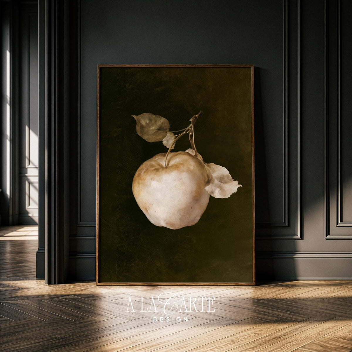 Rustic apple gallery wall print for farmhouse kitchen — soft sage foliage and moody ambiance