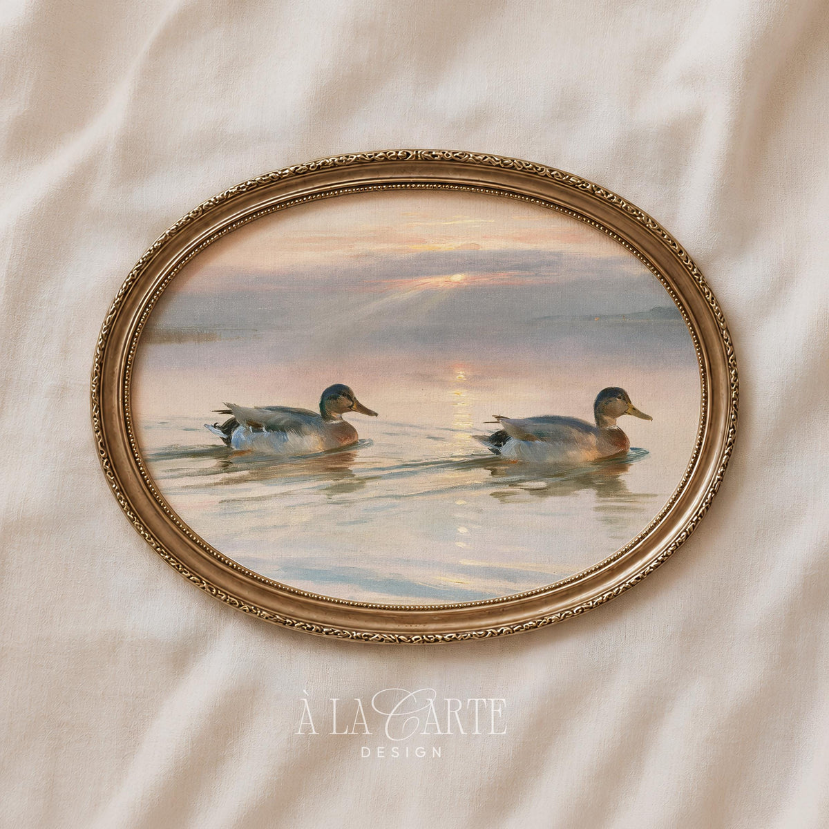 Swimming ducks digital print for living room — cottagecore nature painting featuring tranquil lake setting and hazy horizon