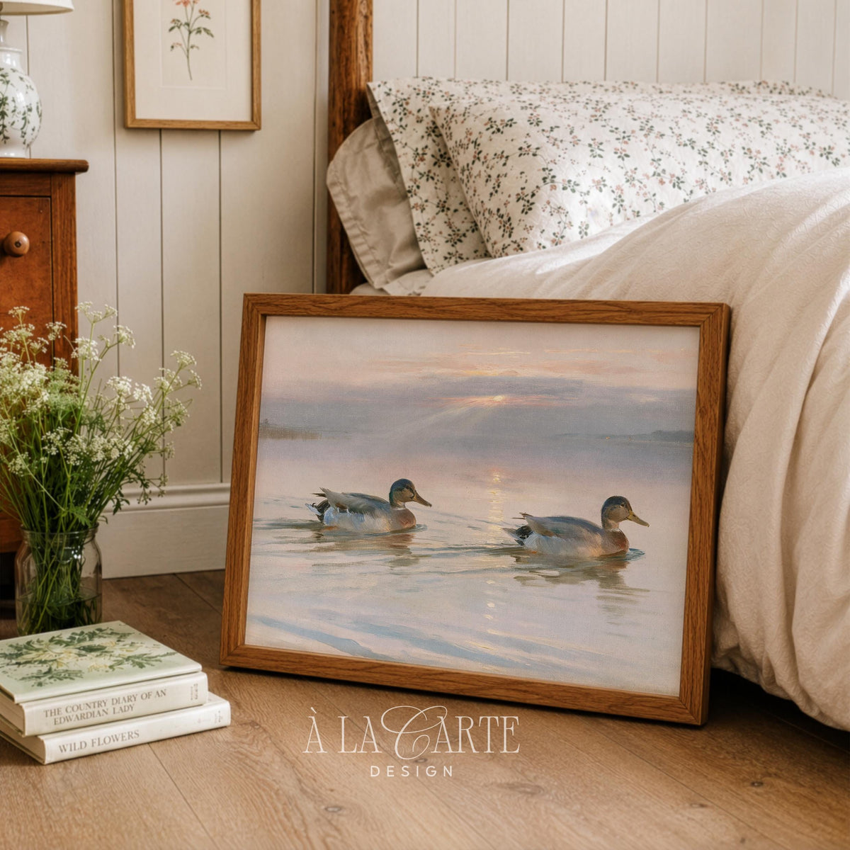 Two mallard ducks swimming poster art for bedroom — vintage oil painting with soft pastels and serene water reflection