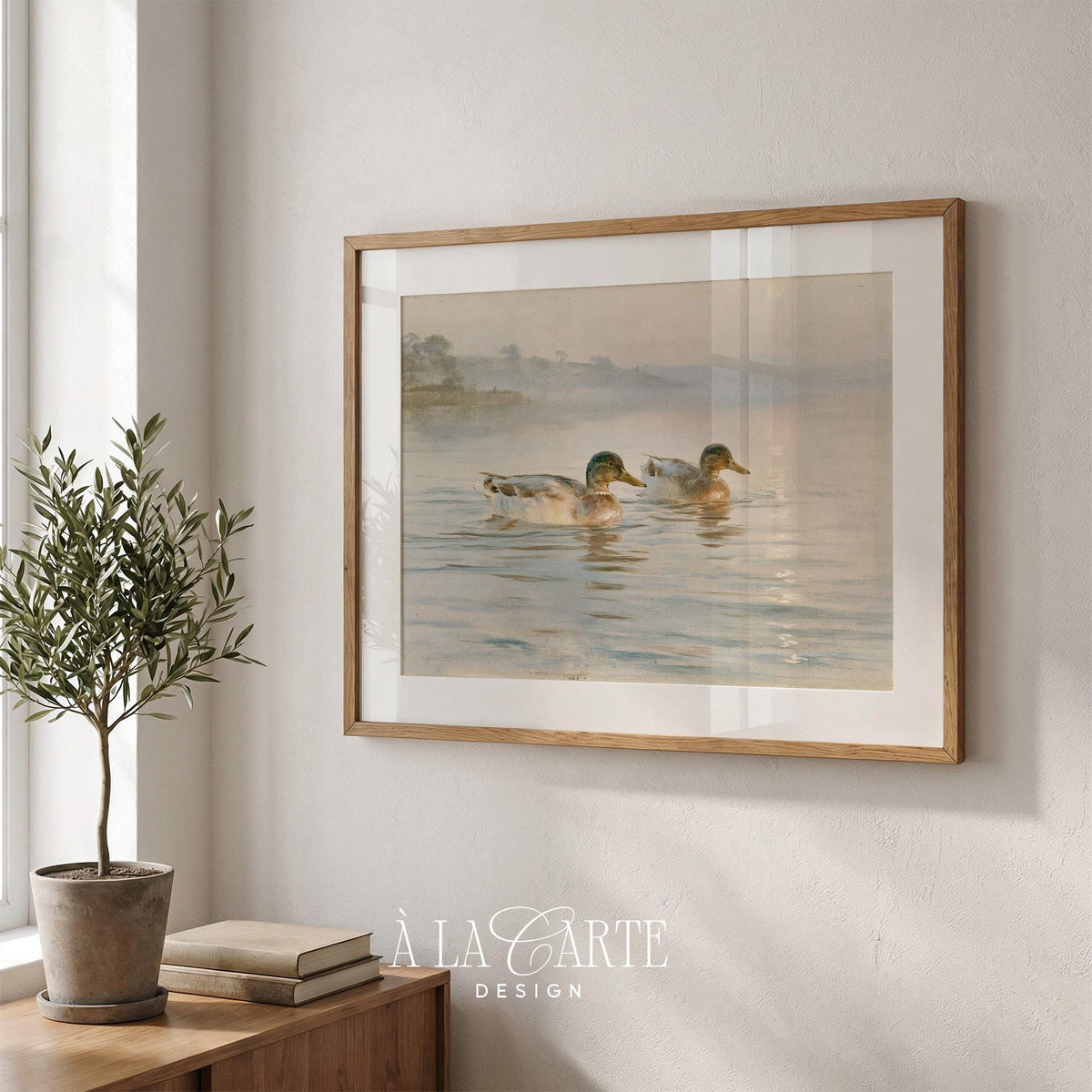 Mallard ducks painting wall art for bedroom — vintage cottagecore lake scene with soft golden hour light