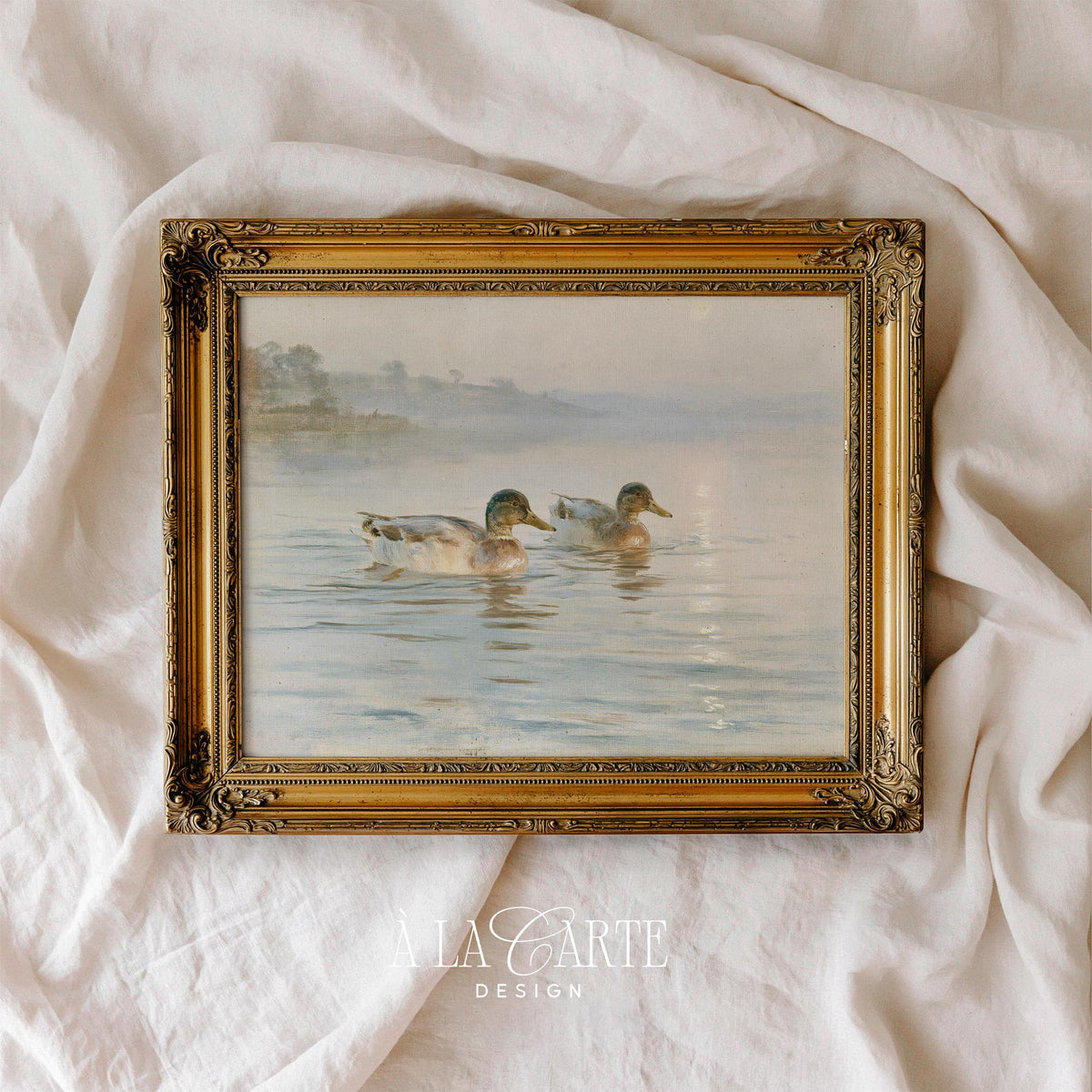 Swimming waterfowl printable art for living room — moody farmhouse landscape with muted earth tones and misty shoreline