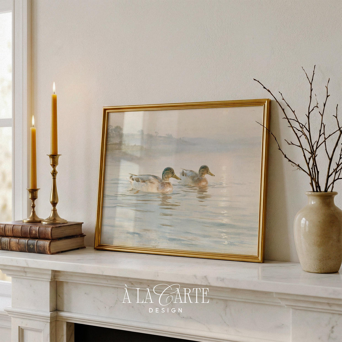Waterfowl gallery wall art for bedroom — vintage-style painting with atmospheric brushwork and golden sunrise mood