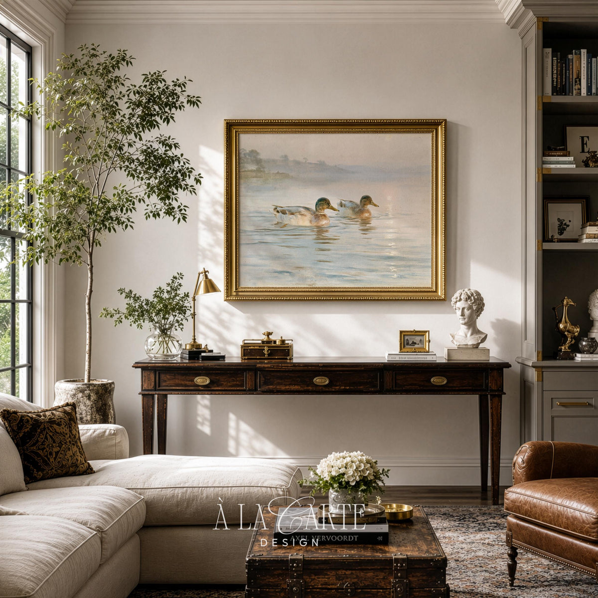 Ducks on lake digital print for entryway — soft hazy landscape with timeless farmhouse aesthetic and glowing water