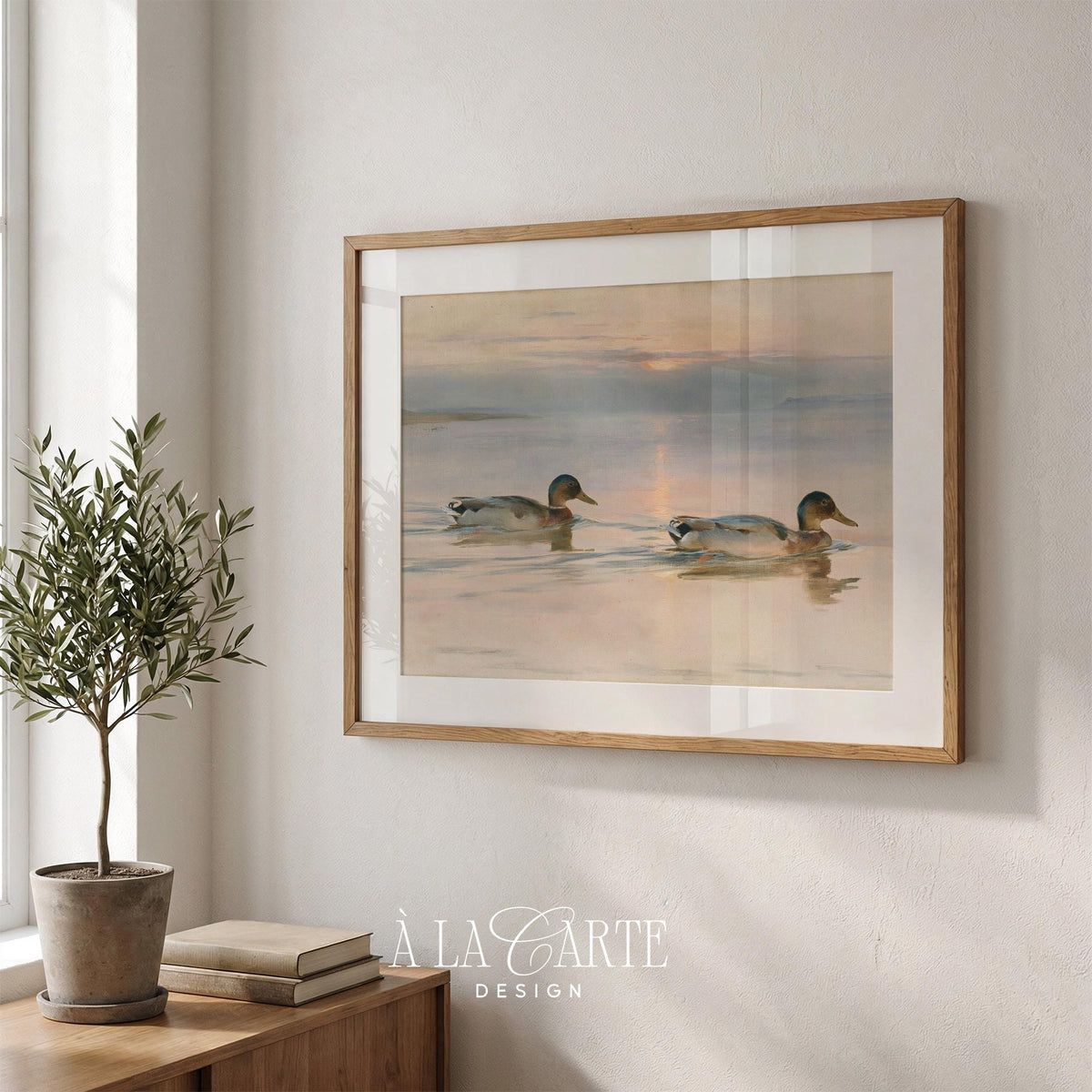Waterfowl painting poster featuring tranquil shoreline scene with hazy golden light and calm waters