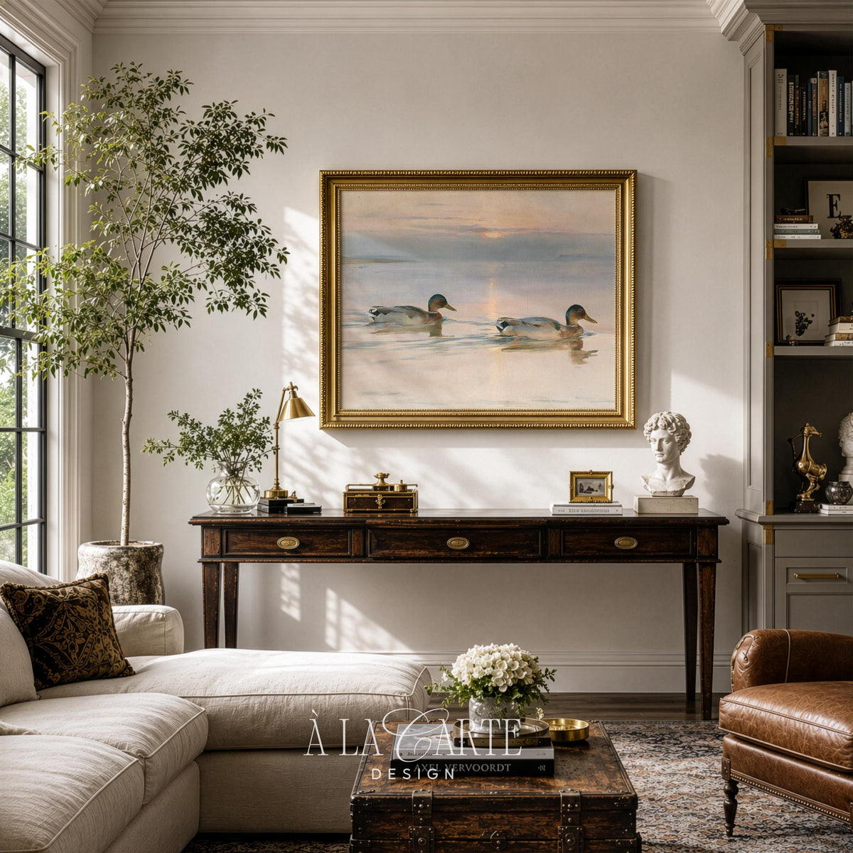 Cottagecore wall art featuring calm pond with birds, vintage painting aesthetic and soft pastel colors