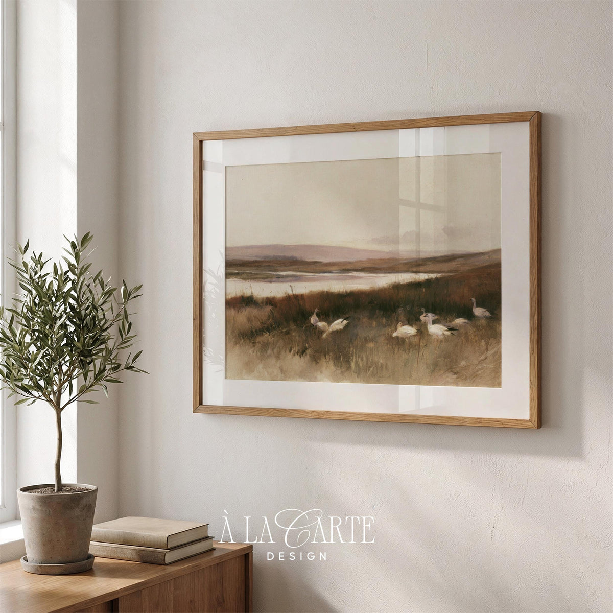 Wild geese resting in marsh painting printable art for farmhouse — vintage landscape with golden grasses and muted tones