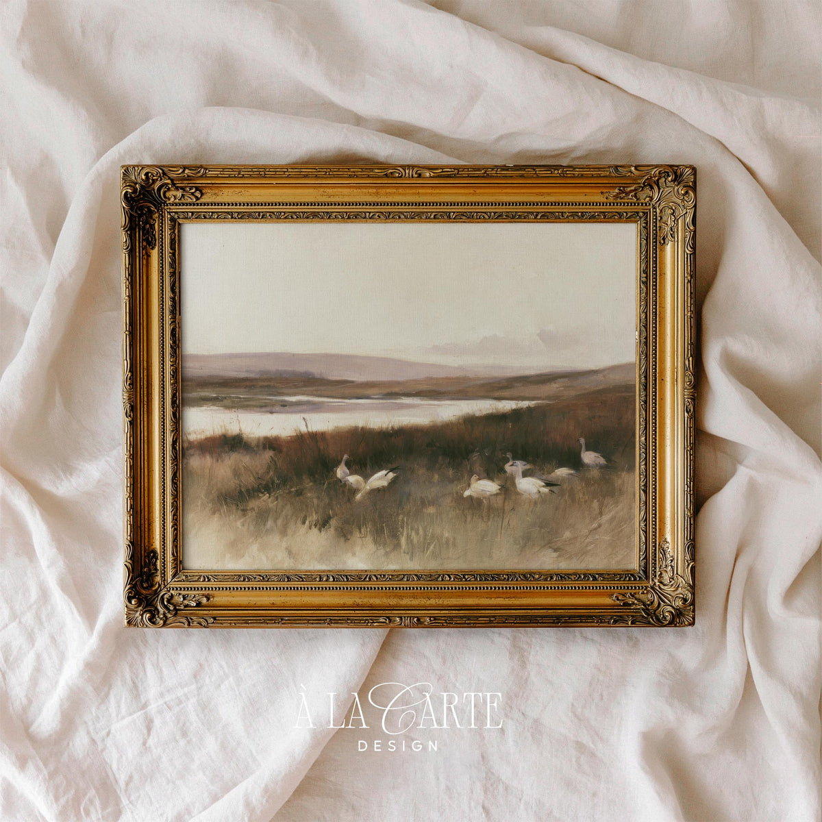 Geese among tall reeds digital print for entryway — moody pastoral painting with creamy neutral color palette