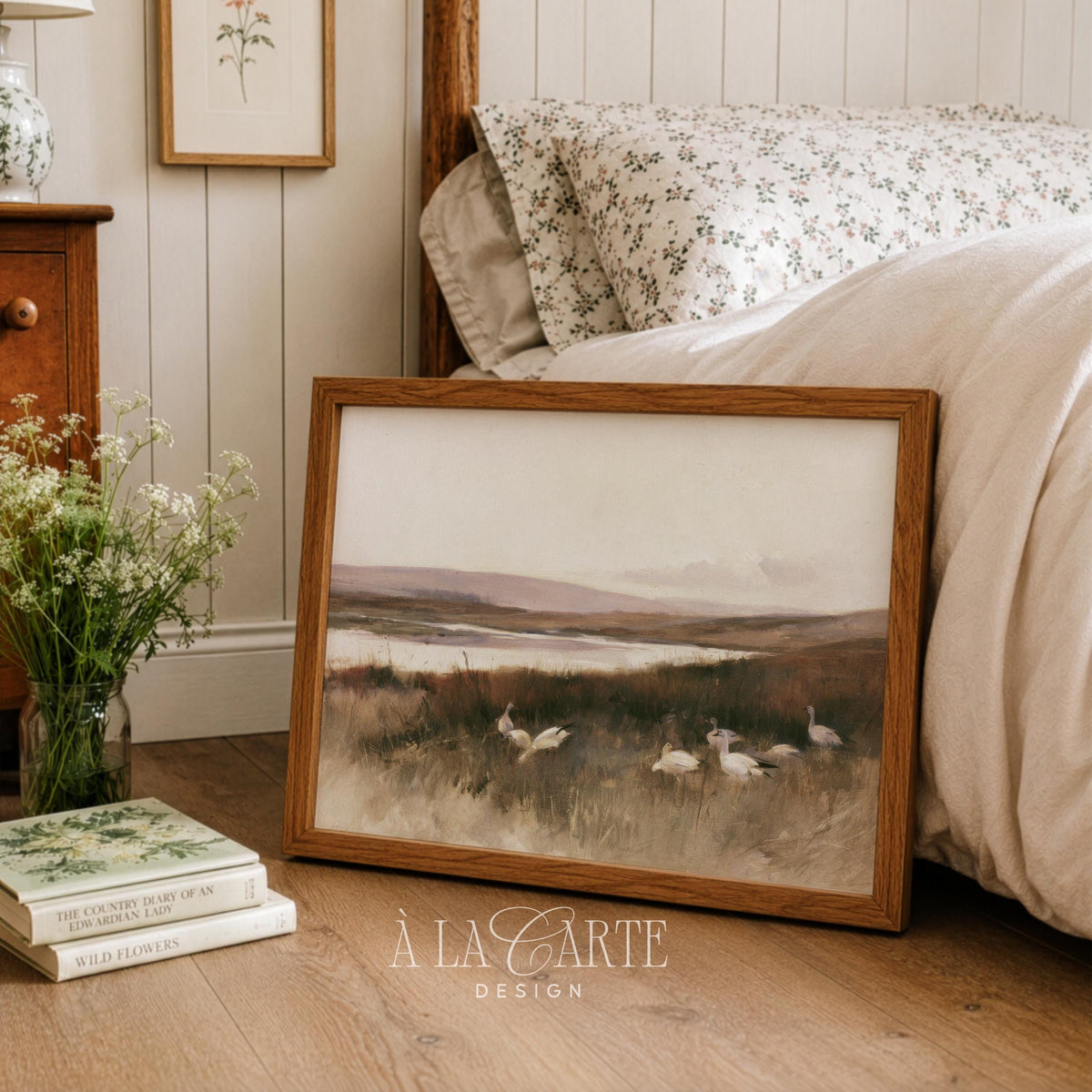 Marshland flock wall picture for bedroom — quiet pastoral landscape art with creamy, neutral aesthetic