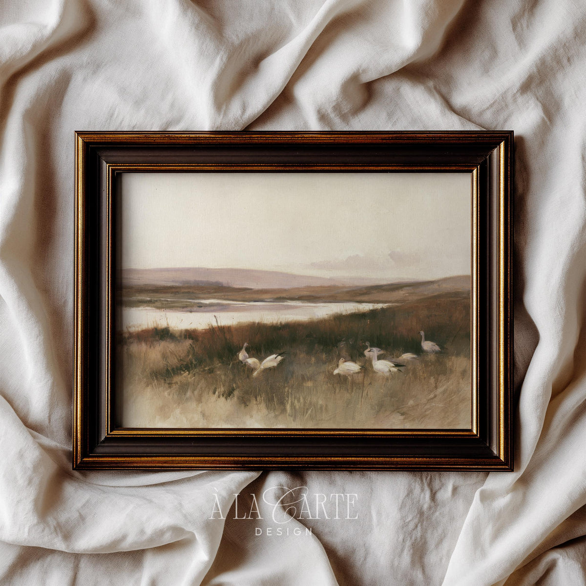 Resting birds in marsh grasses digital print for gallery — vintage pastoral painting with peaceful, understated elegance