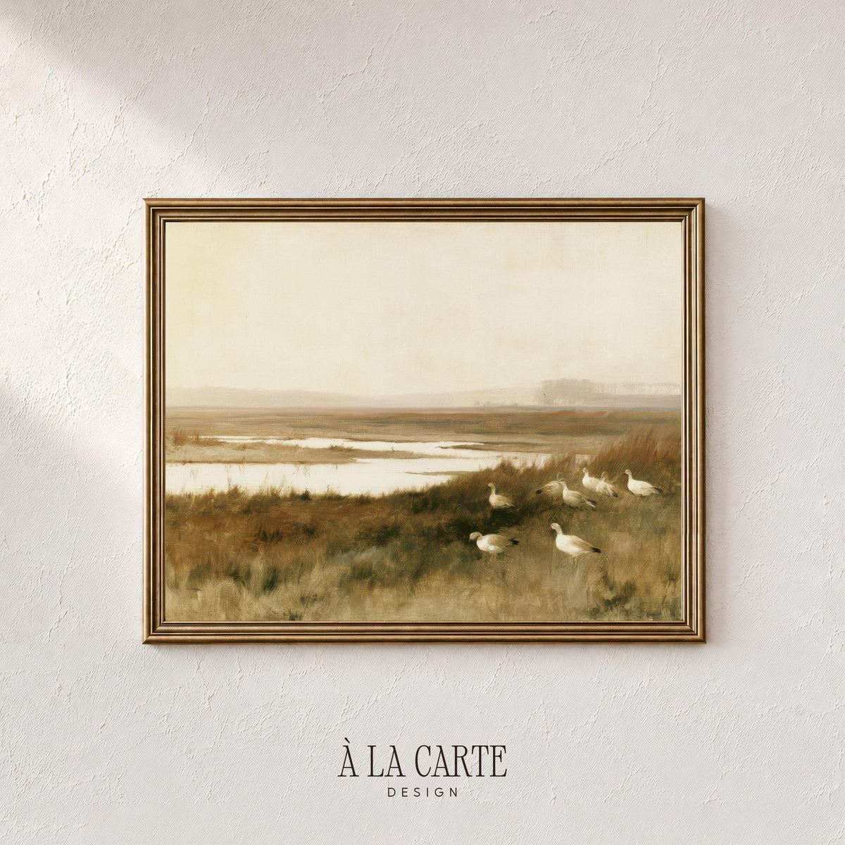 Quiet countryside scene wall art for bedroom — vintage pastoral imagery with geese and muted earthen color palette