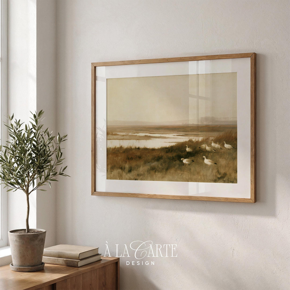 Marsh landscape with waterfowl picture for bedroom — moody vintage aesthetic featuring creams, golds, and browns
