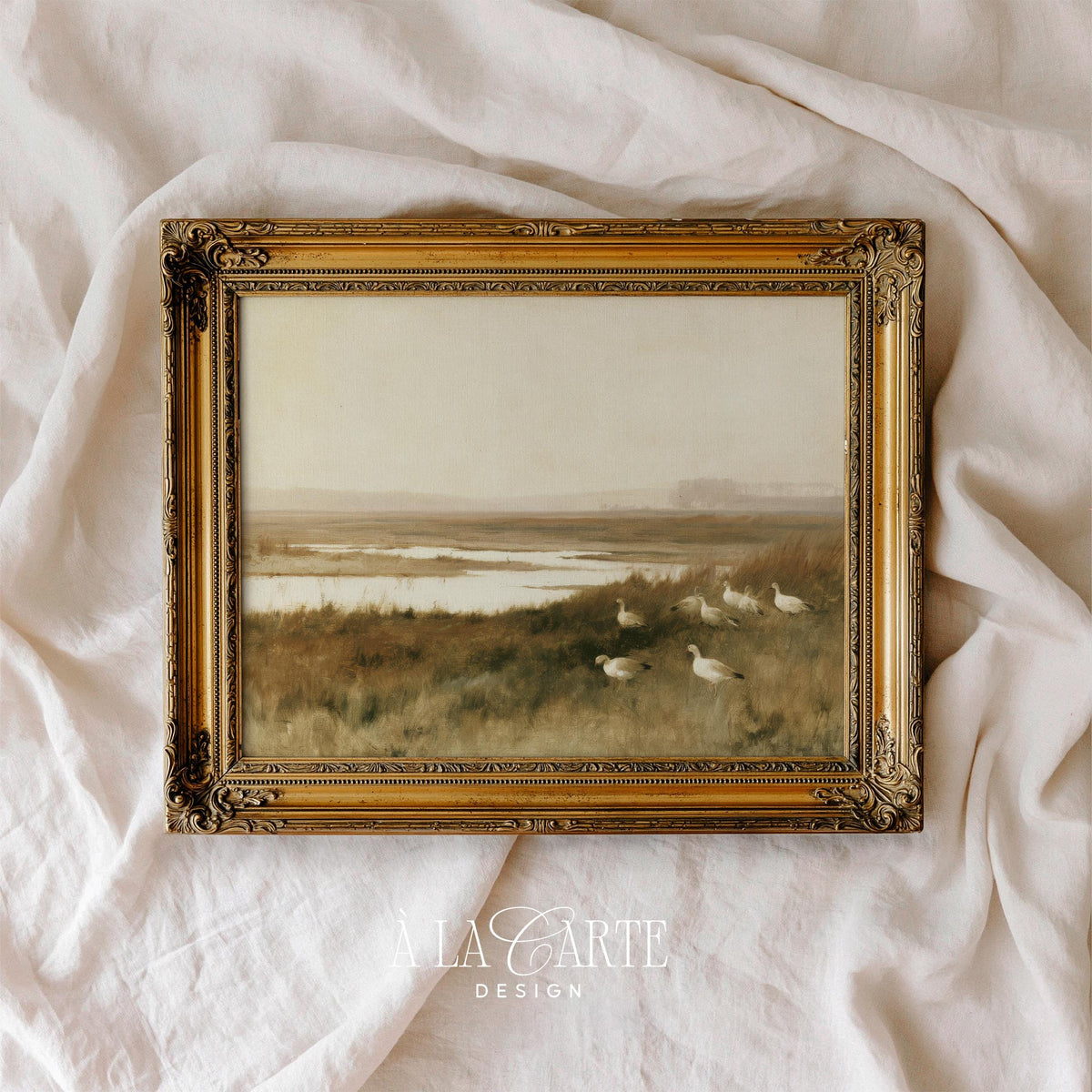 Vintage countryside poster with waterfowl for office — understated pastoral landscape in warm neutral hues