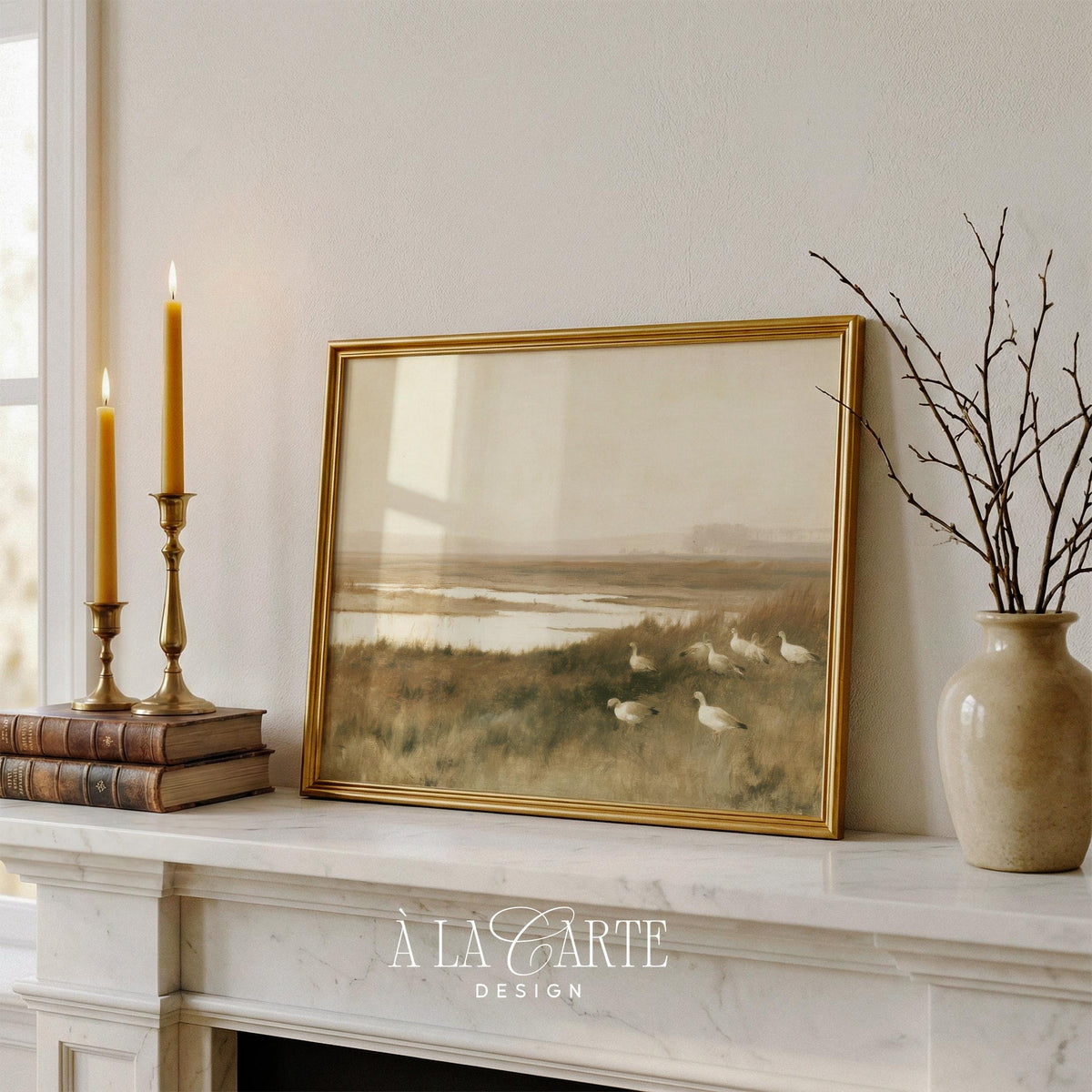 Geese in natural habitat digital print for gallery wall — aged farmhouse style with soft earthy color tones