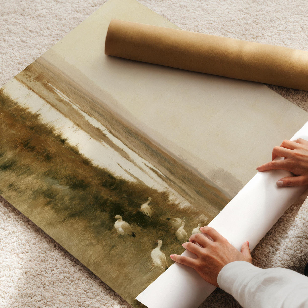 Wild geese resting in marshland poster art for farmhouse — vintage muted earth tones with tranquil wetland scene