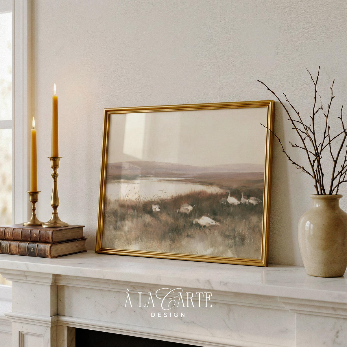 Lake-edge birds digital print for bedroom — vintage landscape featuring soft textures, hazy horizon, and tranquil nature aesthetic