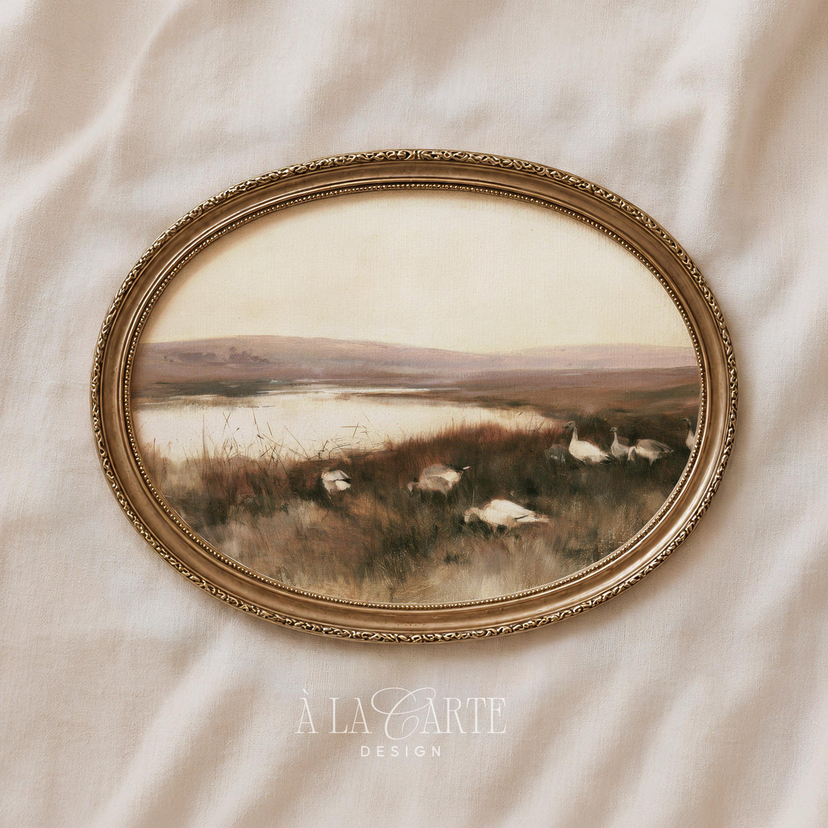Resting geese among tall grasses poster for living room — rustic farmhouse artwork with creamy palette and quiet countryside ambiance