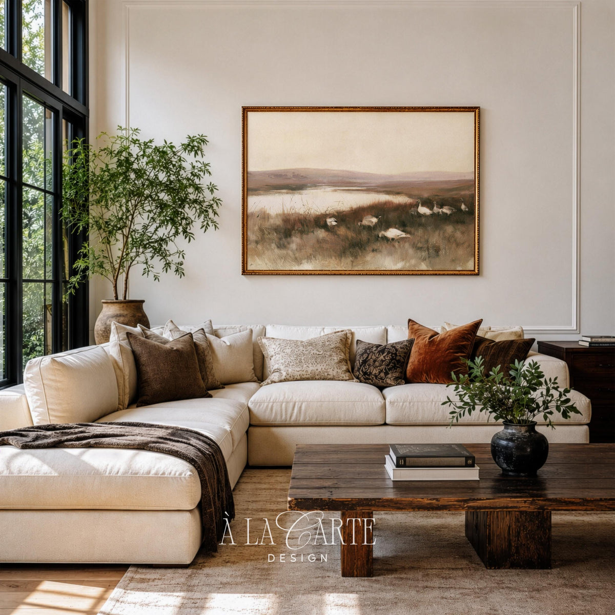 Wetland wildlife digital print for farmhouse — subdued nature scene with creamy browns and quiet countryside atmosphere
