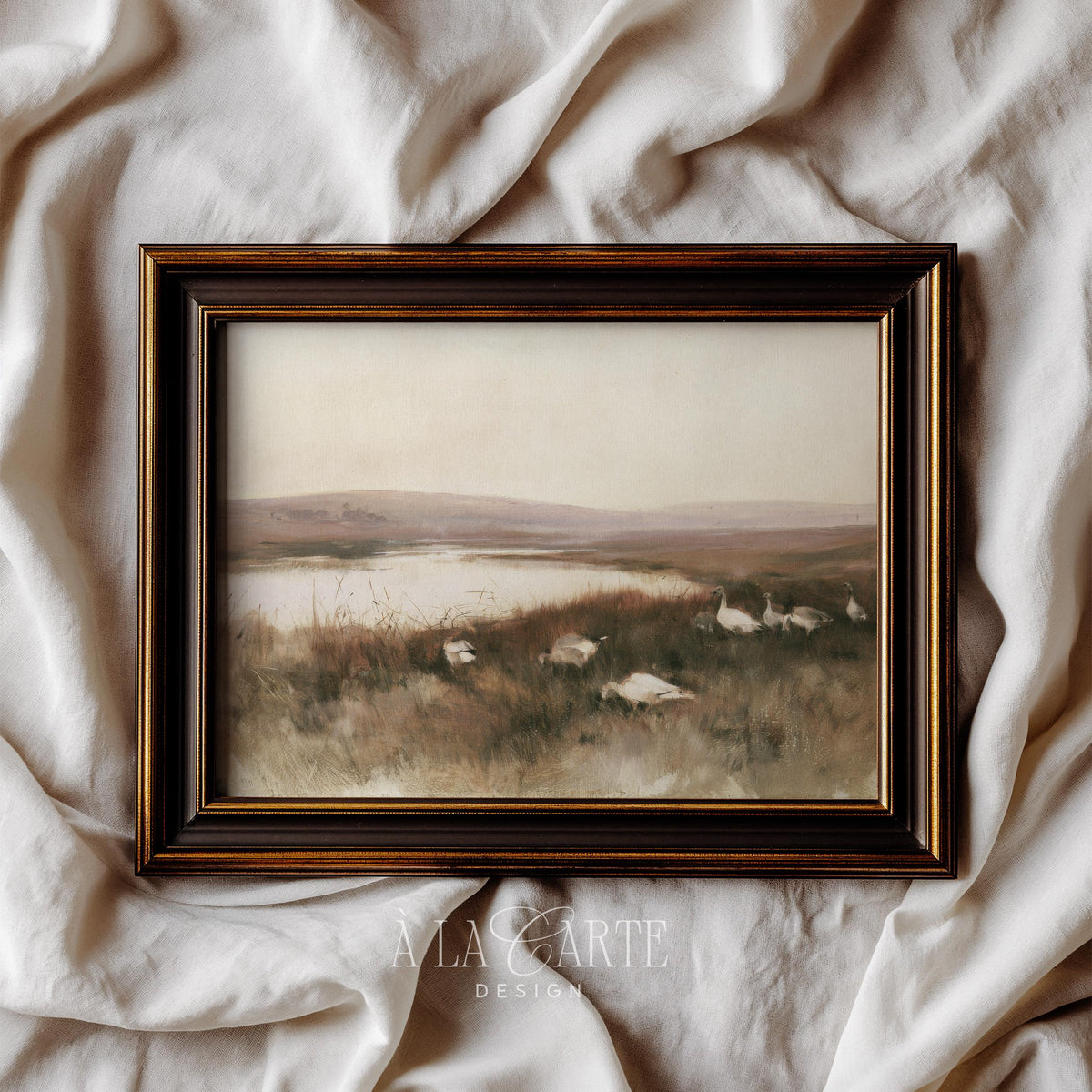 Wild geese resting by lake printable art for farmhouse — vintage landscape with muted earth tones and peaceful wetland mood