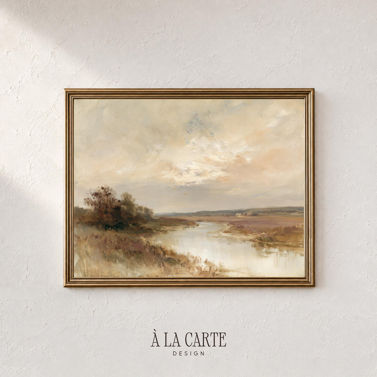 Peaceful waterway picture — vintage rural scene with silhouetted vegetation, glowing horizon, and cozy autumn palette