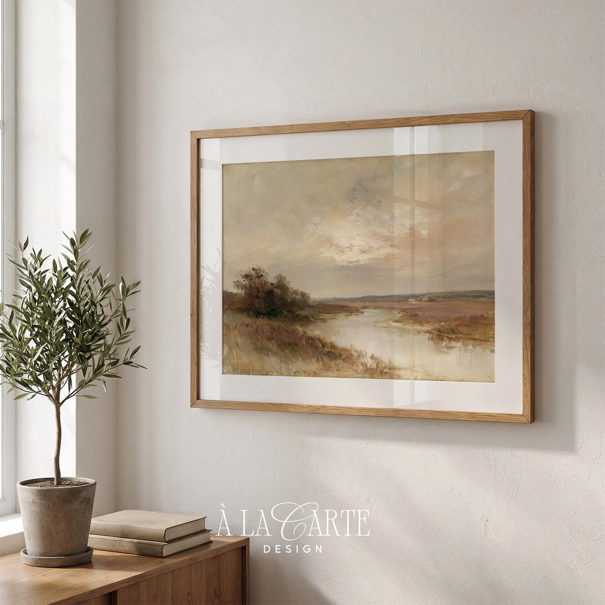 Quiet countryside picture printable — distant water reflection with brushed texture and timeless autumnal mood