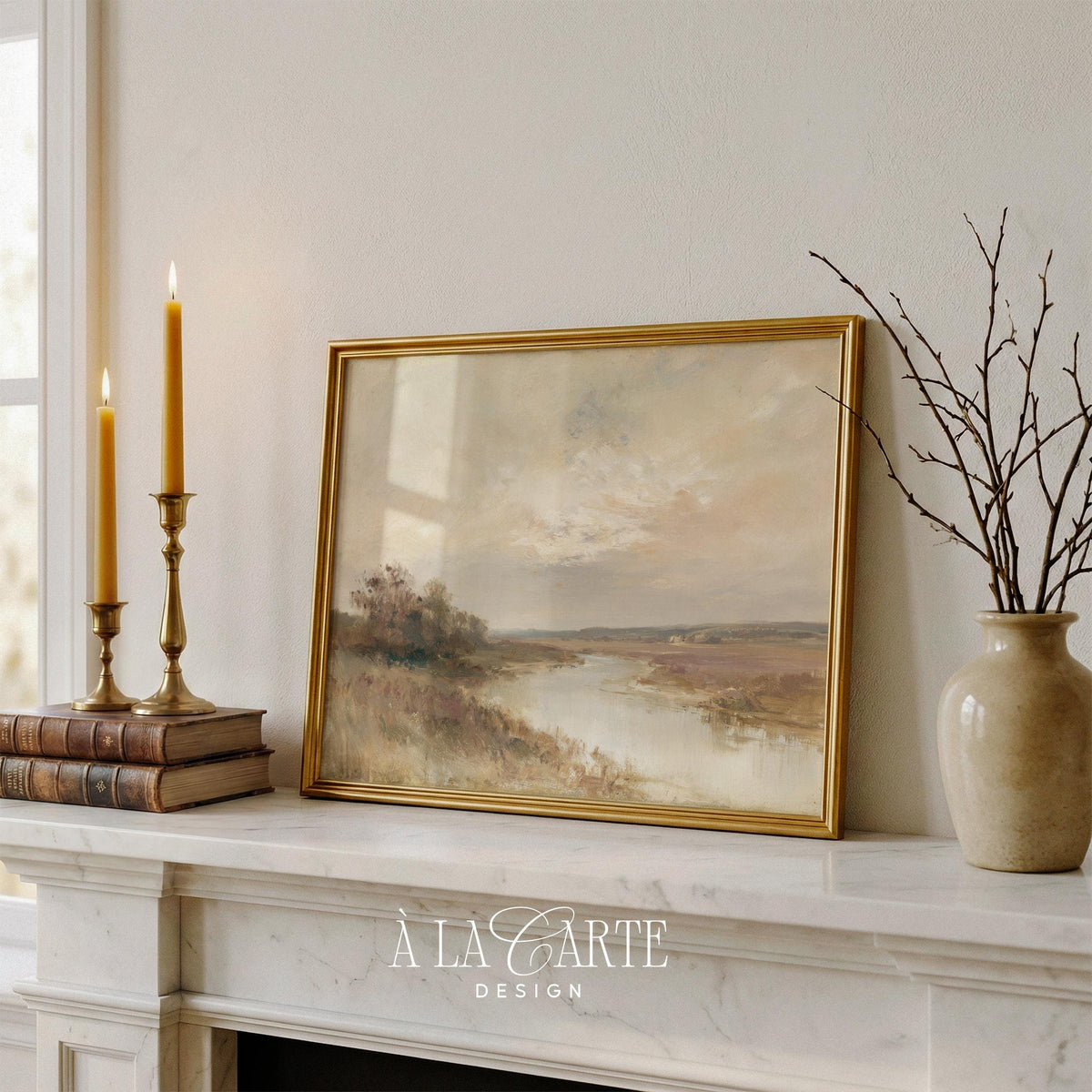 Farmland vista printable art for hallway — moody countryside with reflective water surface and soft painterly brushstrokes