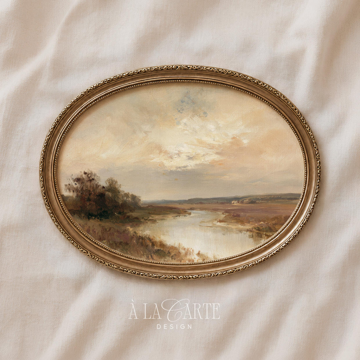 Serene landscape wall decor instant download — rustic riverscape featuring warm golds, browns, and distant treeline