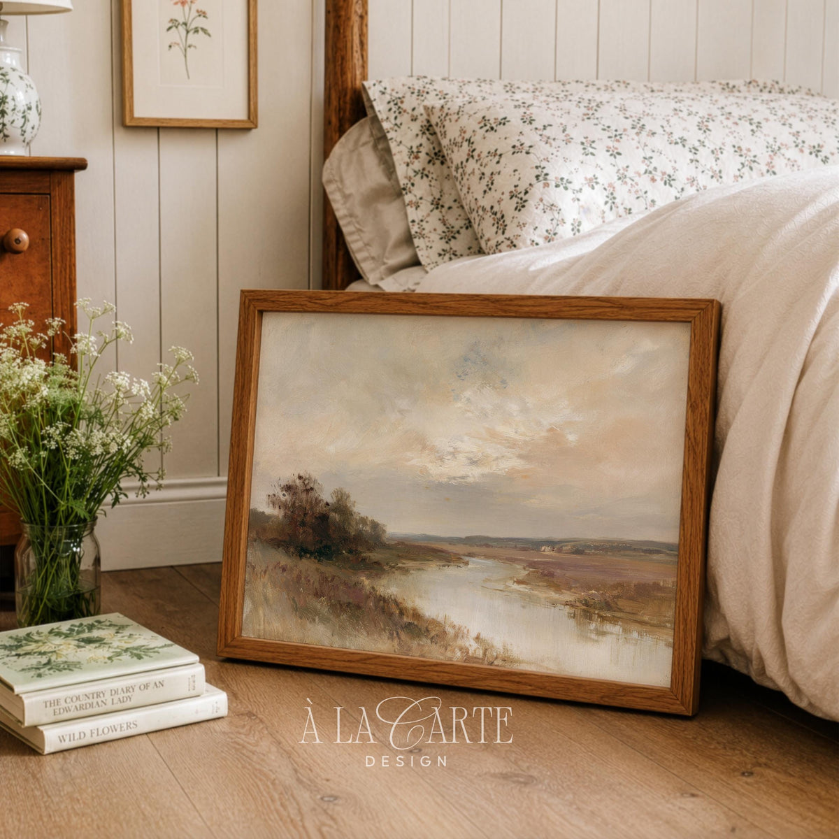 Nature scene poster for entryway — vintage riverside painting with rolling terrain and luminous cloud-filled backdrop