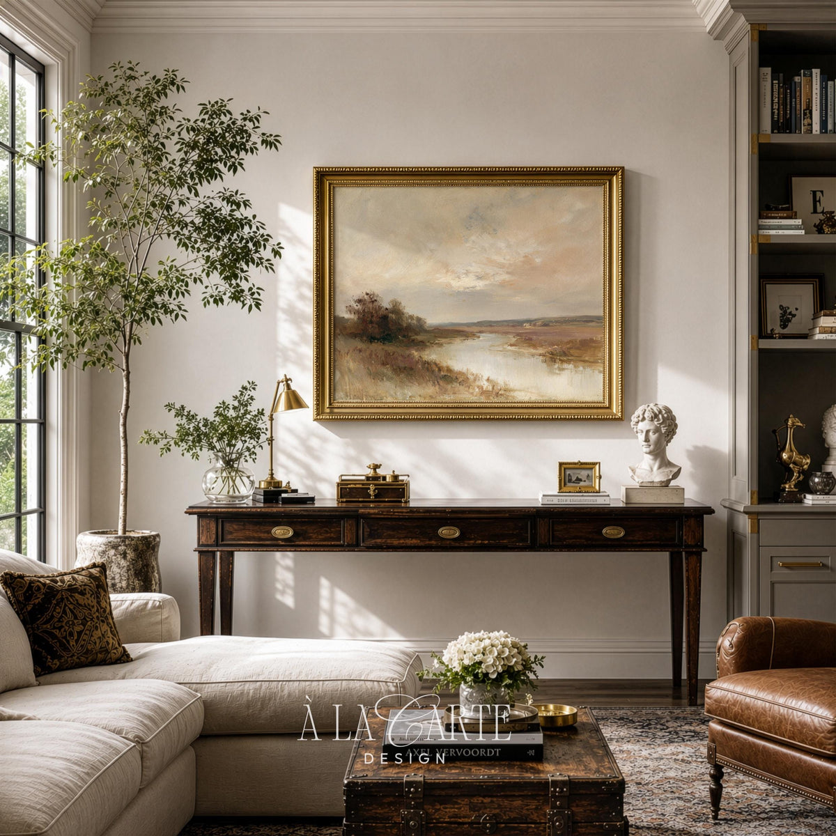 Pastoral waterside artwork for office — evocative landscape with silhouetted brush and soft glowing sky