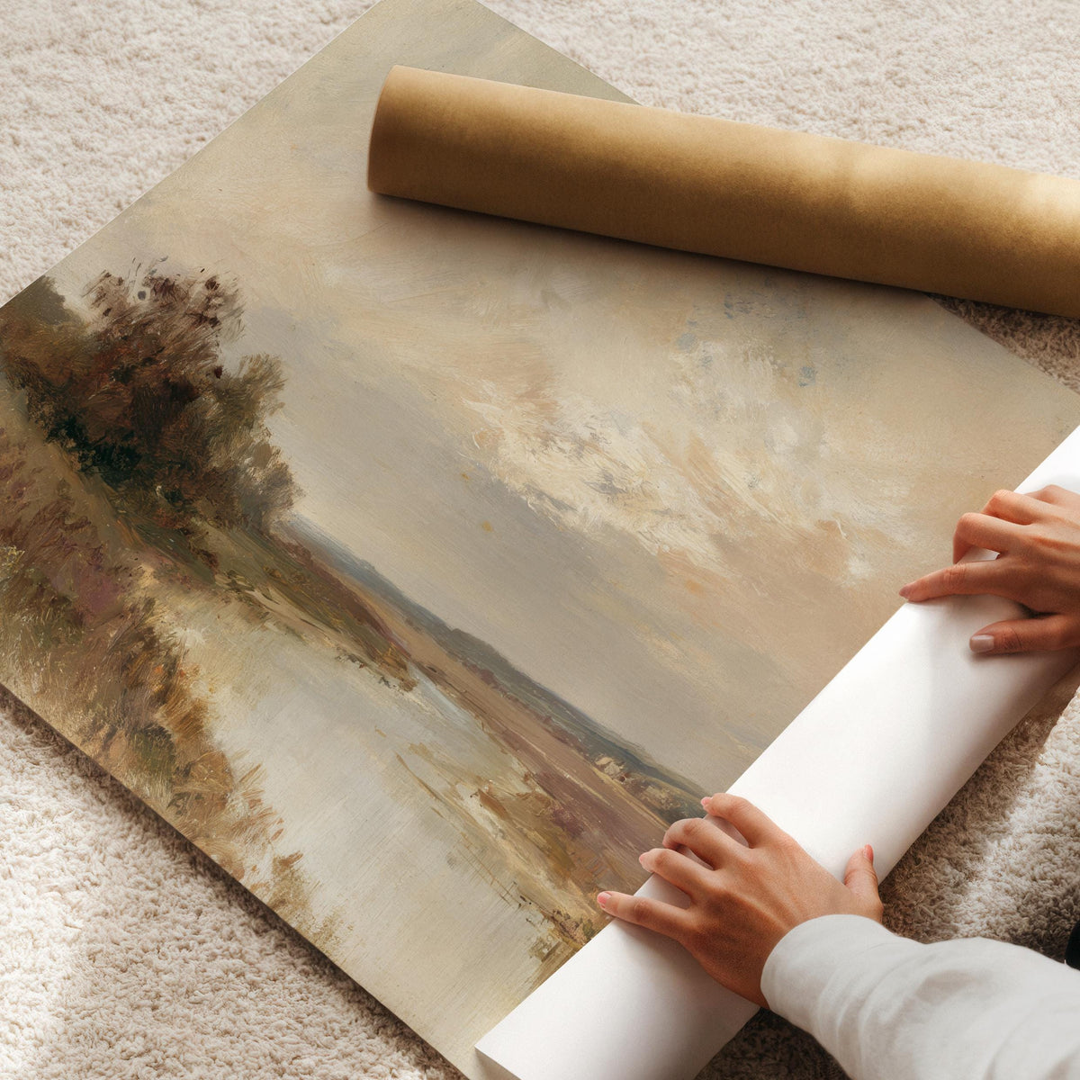 Misty countryside painting for living room — serene riverside vista with warm cream and brown tones