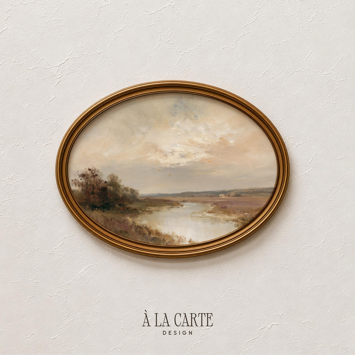 Timeless countryside painting wall art — tranquil riverland with warm muted colors, reflections, and distant rolling landscape