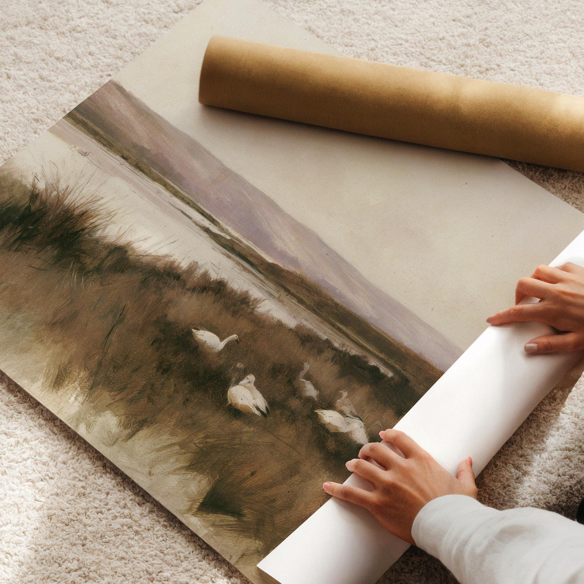 White geese resting on marshy shoreline printable art for living room — vintage wetland painting with muted earthy tones