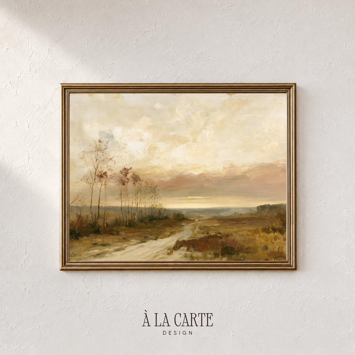 Vintage pastoral scene printable art for dining room — quiet field with tree line and atmospheric haze