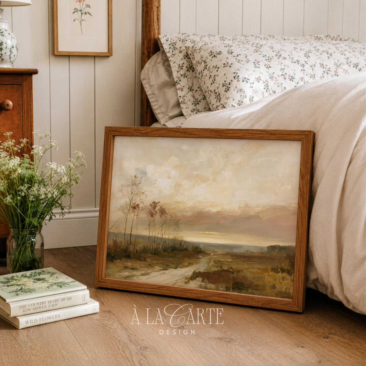 Golden-hour landscape picture for farmhouse decor — vintage dirt road through open autumn field