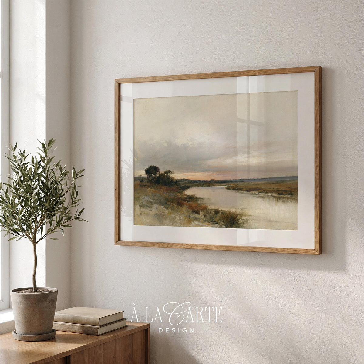 Autumn marsh landscape poster art for dining room — soft brushwork riverbank vista with expansive misty sky
