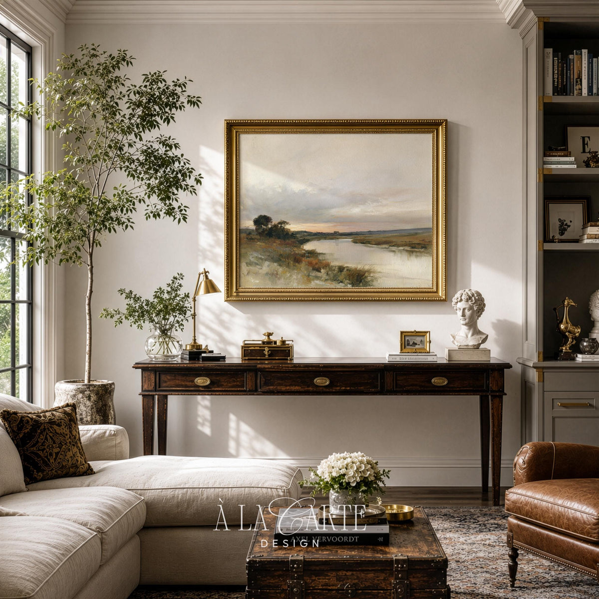 Quiet countryside scene wall picture for hallway — vintage river painting with sage greens and warm neutral palette