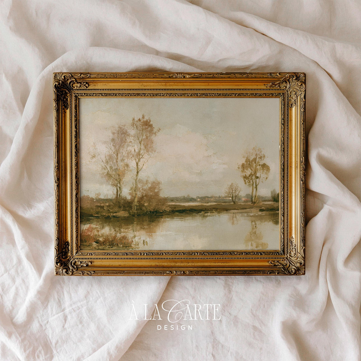 Golden autumn forest painting for bedroom — peaceful riverside scene with misty sky and cottagecore aesthetic