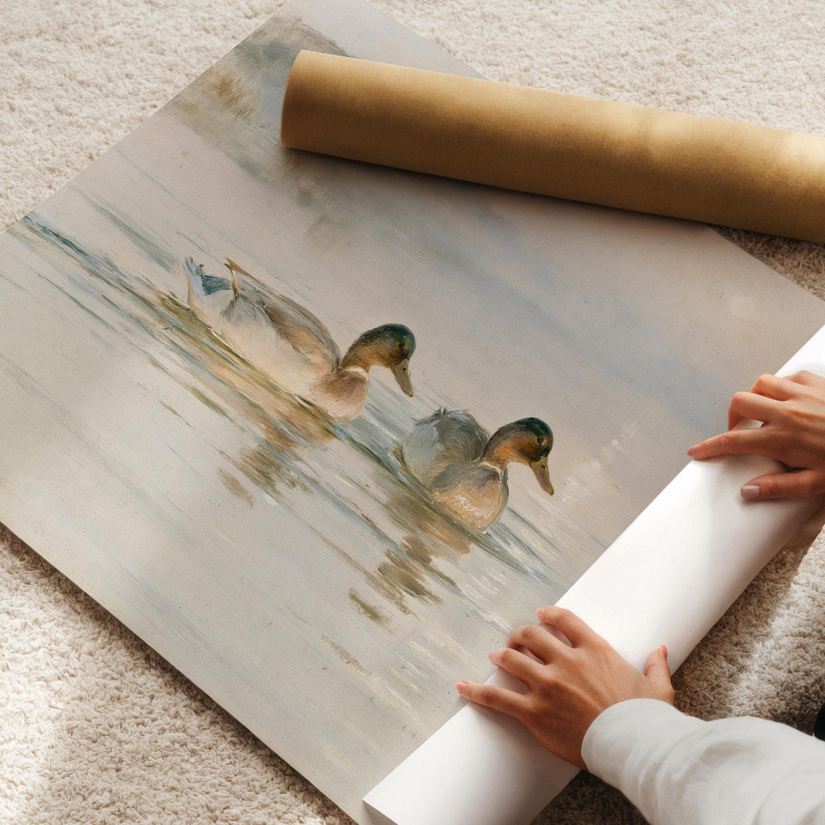 Pastel Ducks Wall Art, Vintage Nursery Decor, Farm Birds Printable, Rustic Farmhouse Print, Light Cottagecore Landscape H69