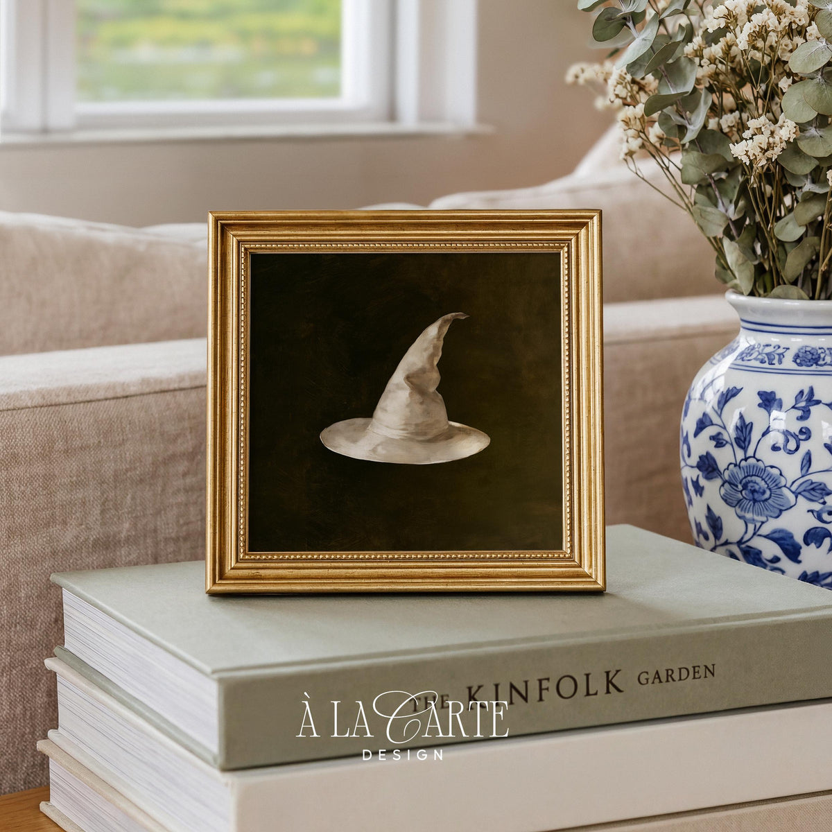 Pointed hat digital print wall art for study — spooky dark academia aesthetic with rich textured brushstrokes