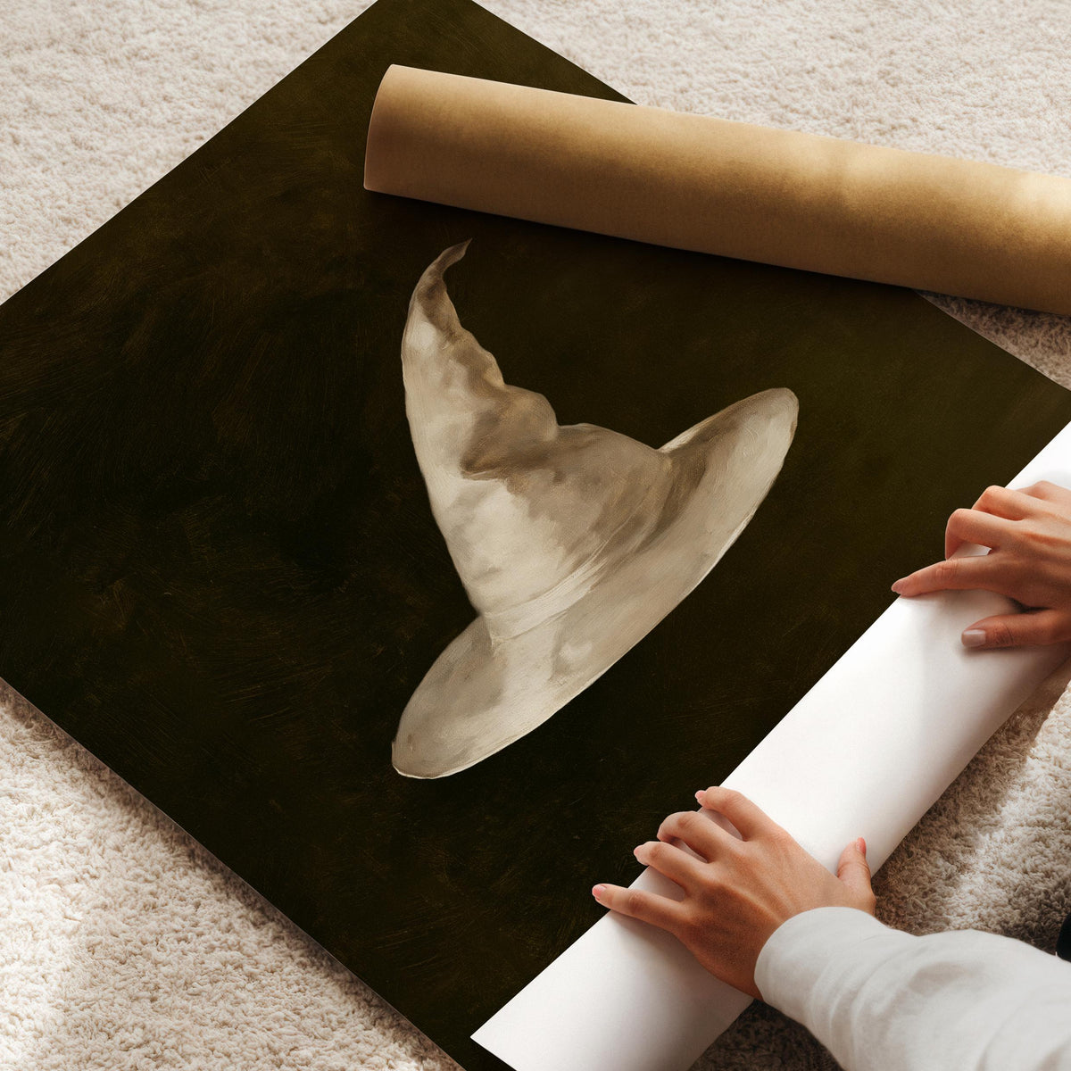 Creamy pointed cap digital wall art for entryway — moody still-life print with sophisticated dark tones