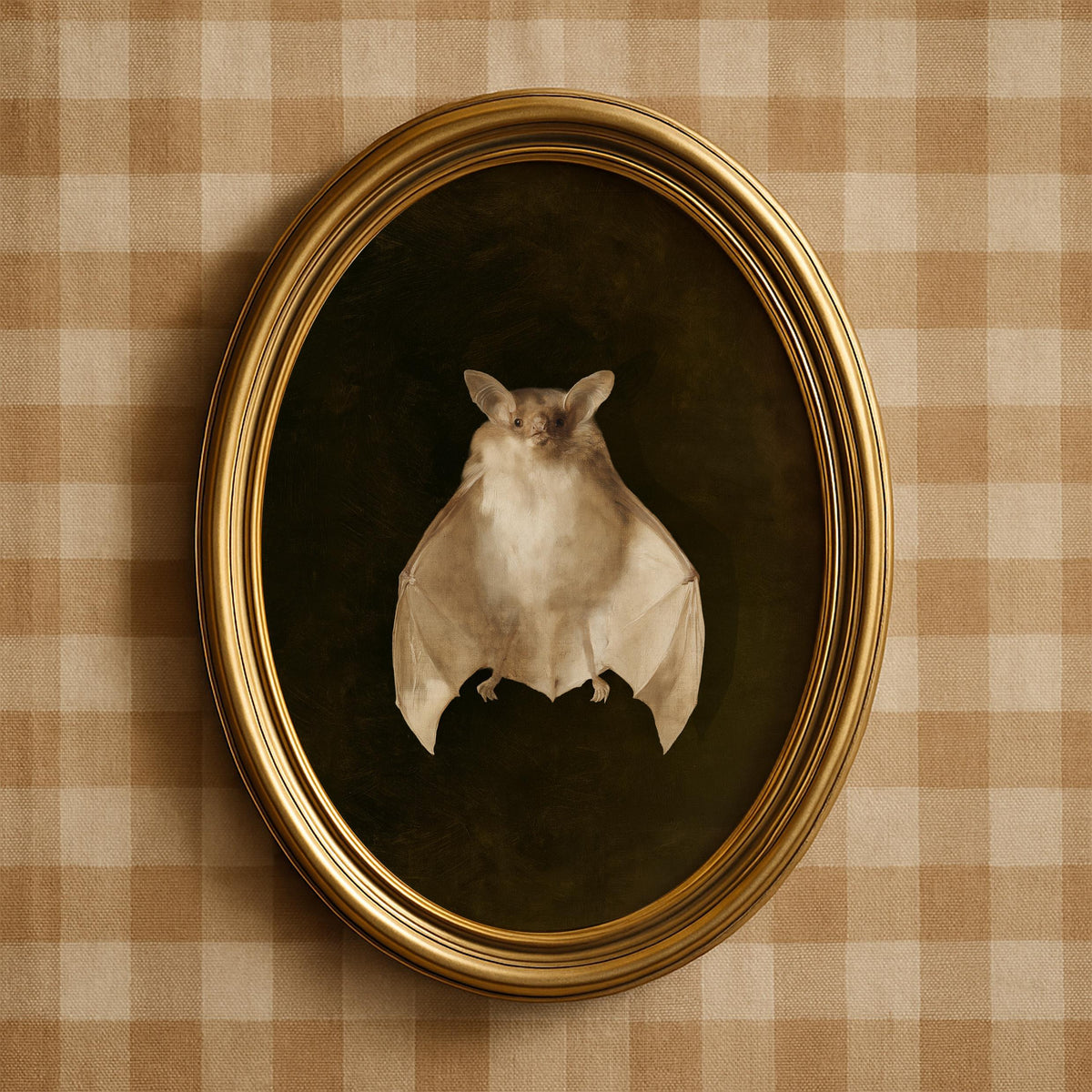 Cream colored flying bat picture for Halloween — vintage oil painting aesthetic with dark moody naturalist charm