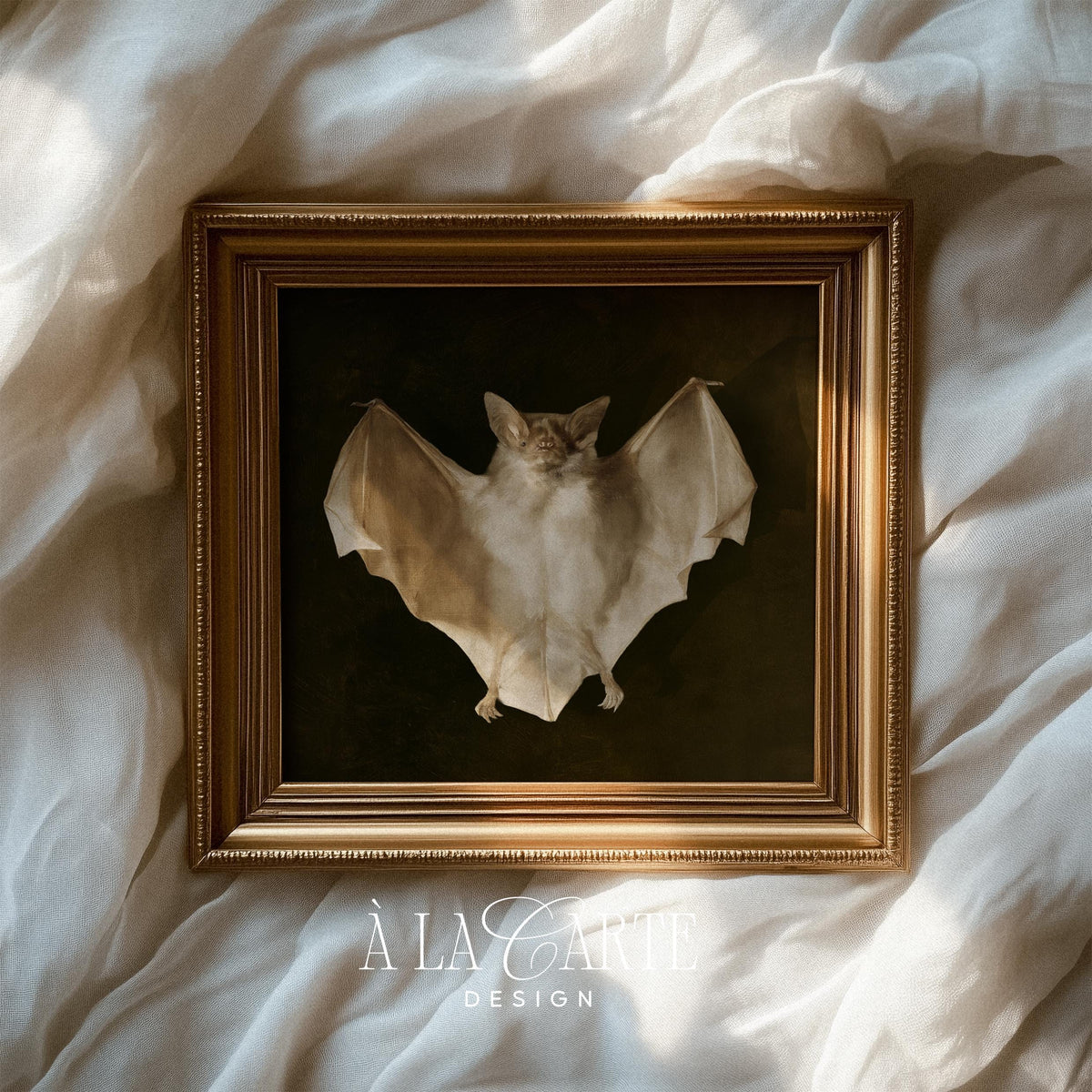 Bat facing forward picture for Halloween decor — vintage-style oil painting with shadowy atmospheric backdrop